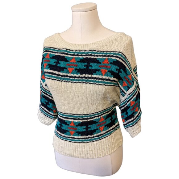 Womens American Eagle White Aztec Knit Top Western Boho Sweater 1/2 Sleeve M - Picture 2 of 8